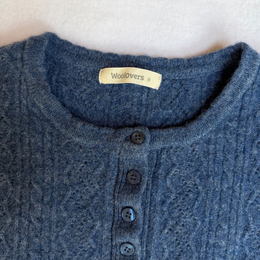 Woolovers 100% Lambswool Blue Henley Sweater Women Medium Cable Knit Pointelle - Picture 8 of 10